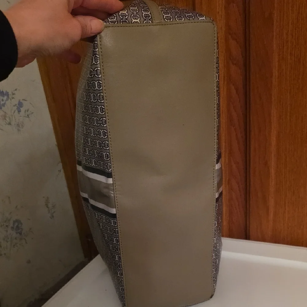 Tory Burch Gray Logo Canvas Tote with Center Stripe